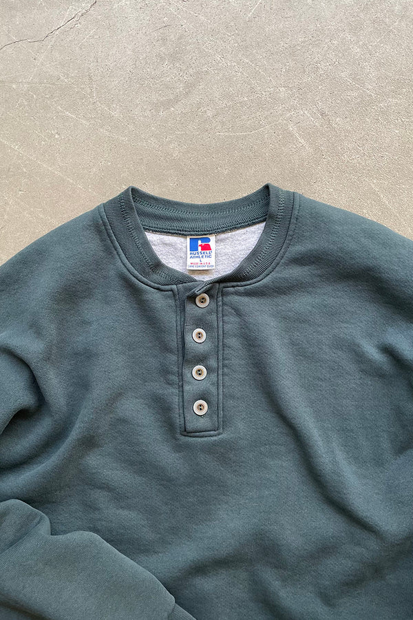MADE IN USA 90'S HENLEY NECK SWEATSHIRT / GREEN [SIZE: L USED]