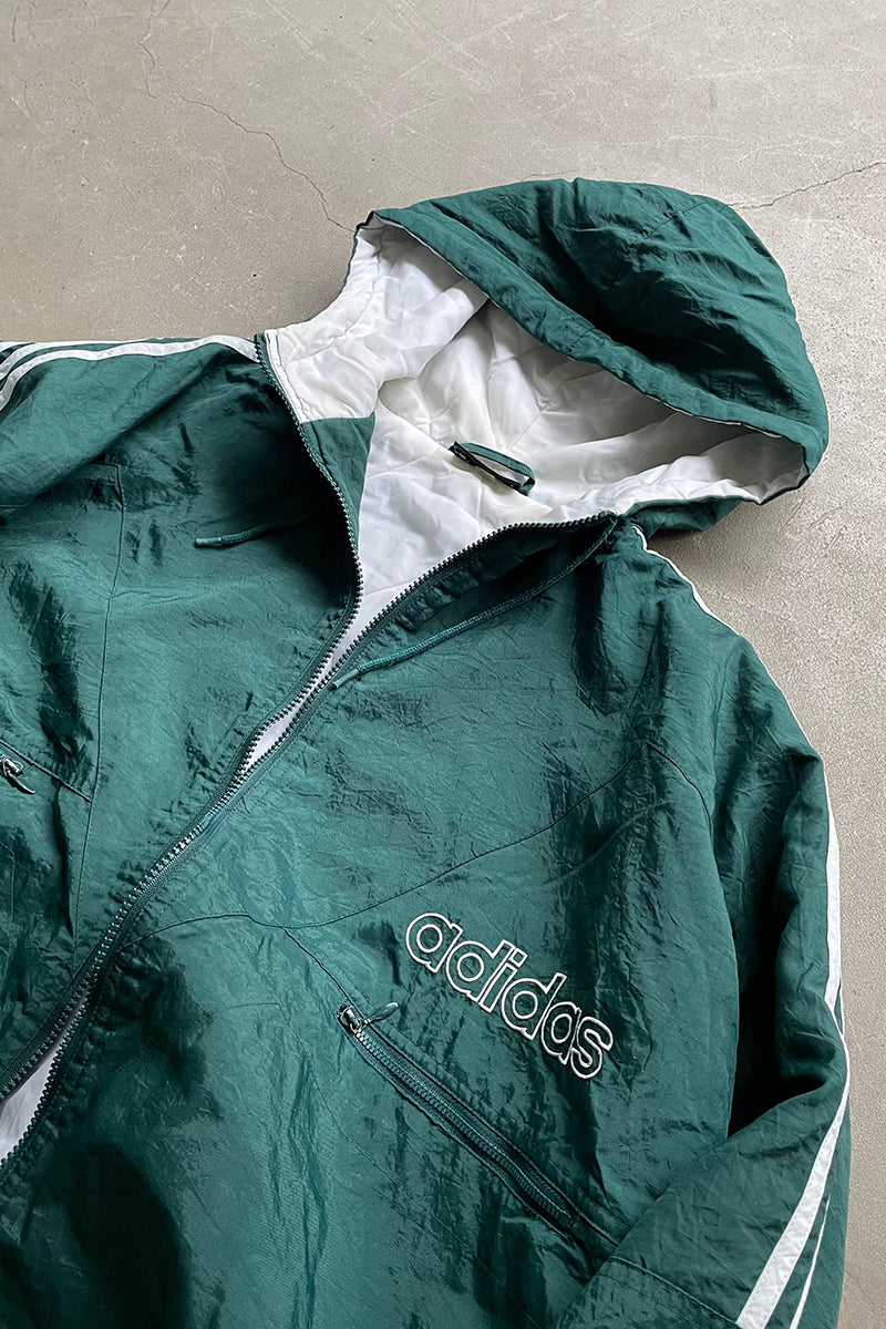 90'S ZIP NYLON HOODIE PUFF JACKET / GREEN [SIZE: L USED]