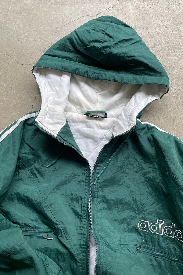 90'S ZIP NYLON HOODIE PUFF JACKET / GREEN [SIZE: L USED]