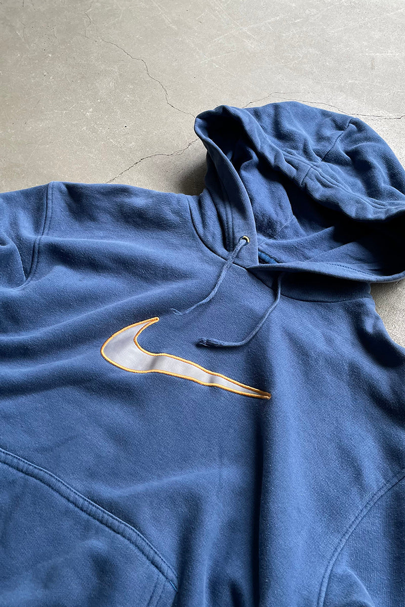 Y2K EARLY 00'S BIG SWOOSH SWEAT HOODIE / NAVY [SIZE: M USED]