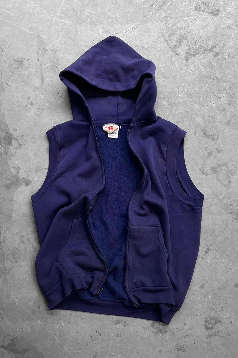 MADE IN USA 70'S-80'S NO SLEEVE ZIP SWEAT HOODIE / PURPLE [SIZE: XL USED]