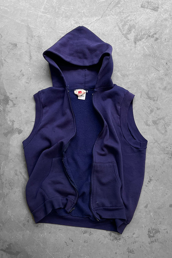 MADE IN USA 70'S-80'S NO SLEEVE ZIP SWEAT HOODIE / PURPLE [SIZE: XL USED]
