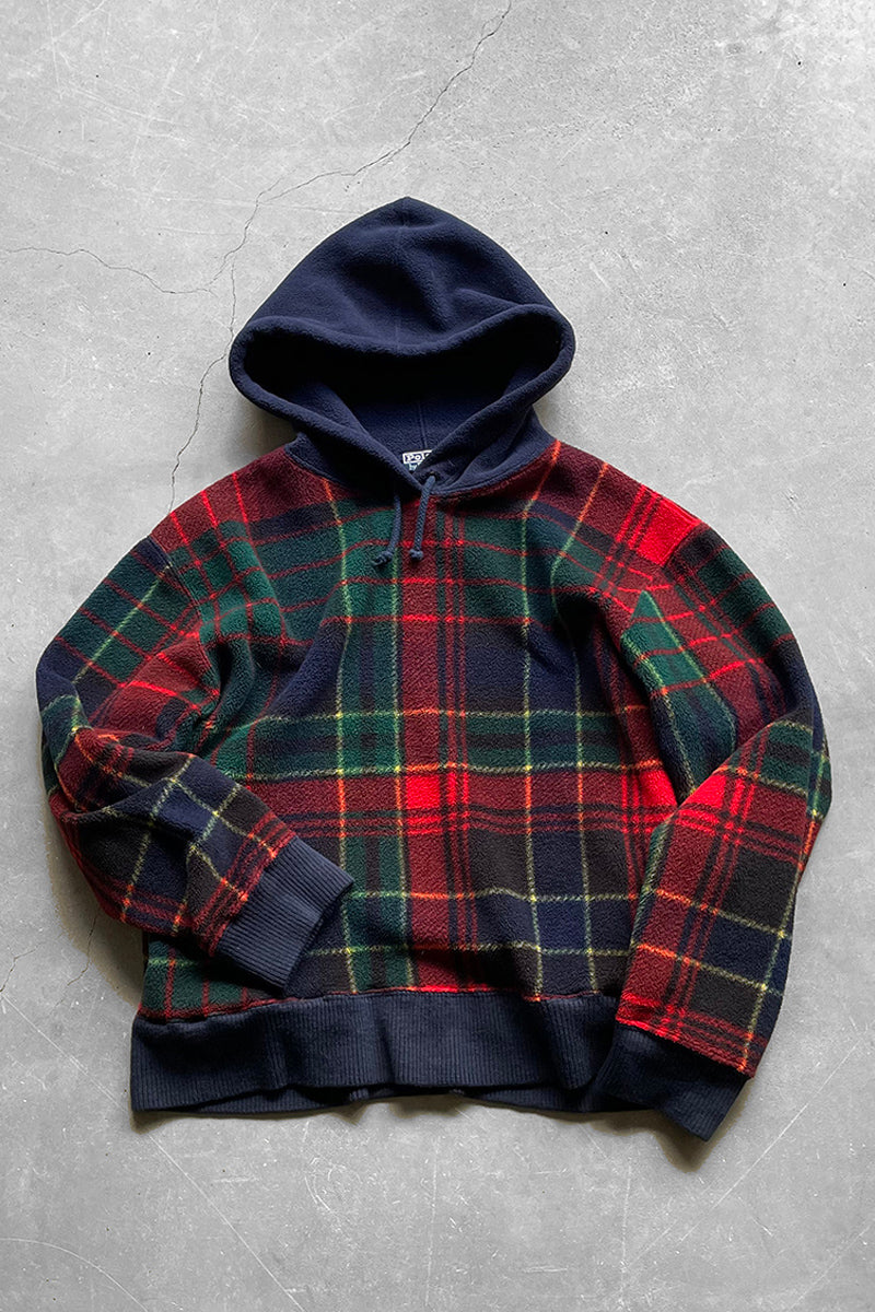 MADE IN USA 90'S CHECK FLEECE HOODIE / NAVY [SIZE: L USED]