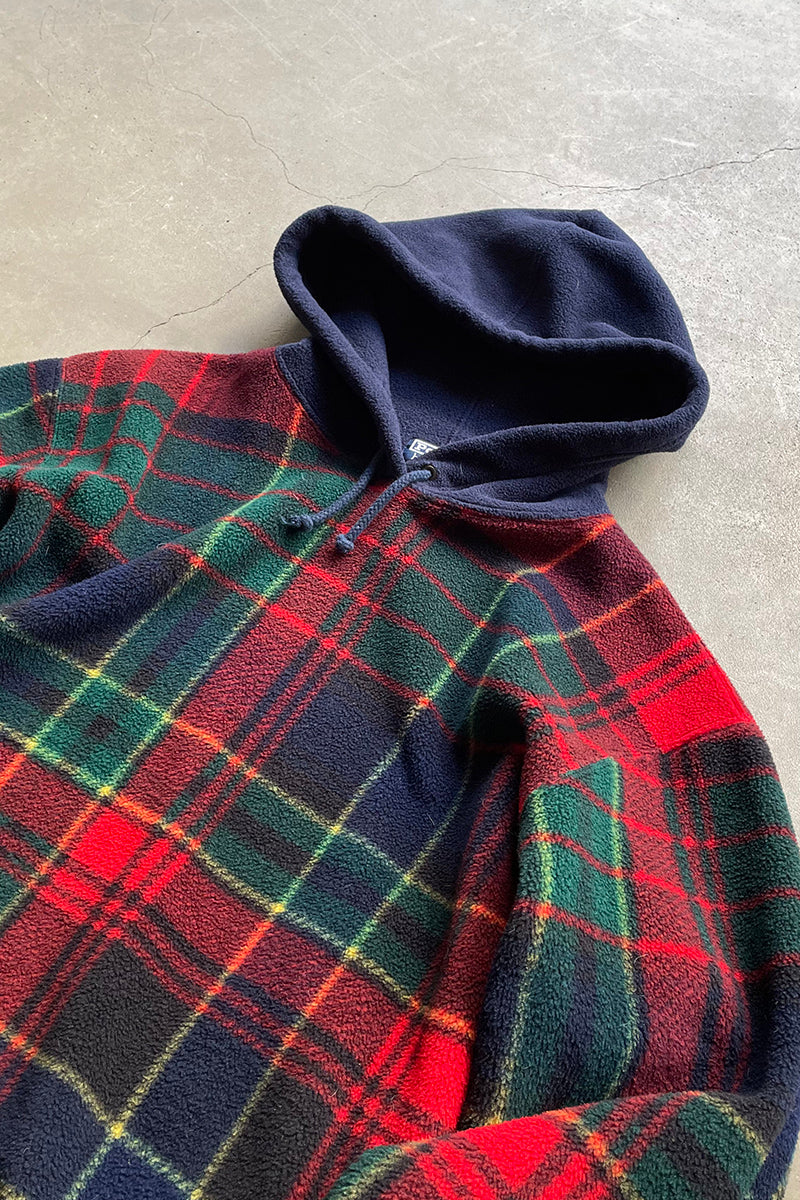 MADE IN USA 90'S CHECK FLEECE HOODIE / NAVY [SIZE: L USED]