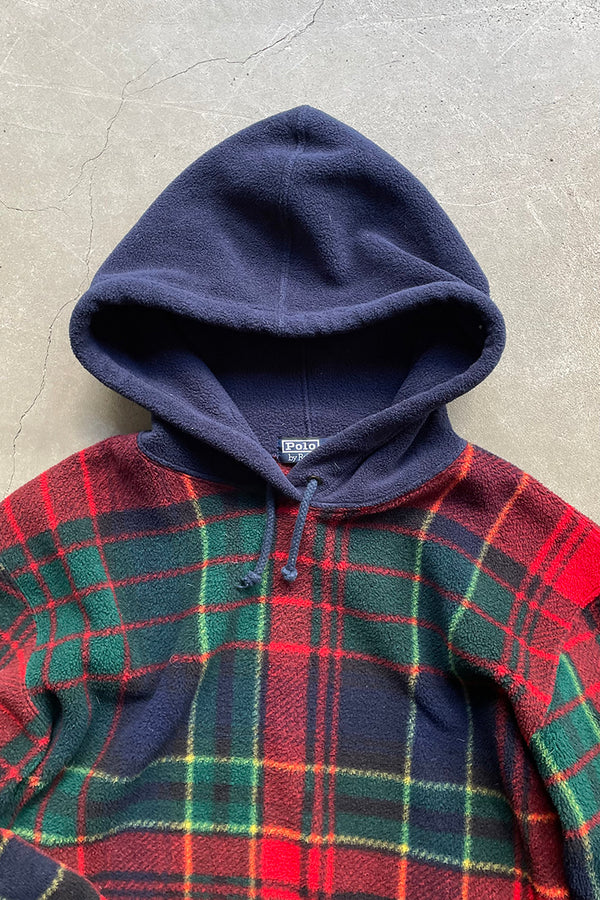 MADE IN USA 90'S CHECK FLEECE HOODIE / NAVY [SIZE: L USED]