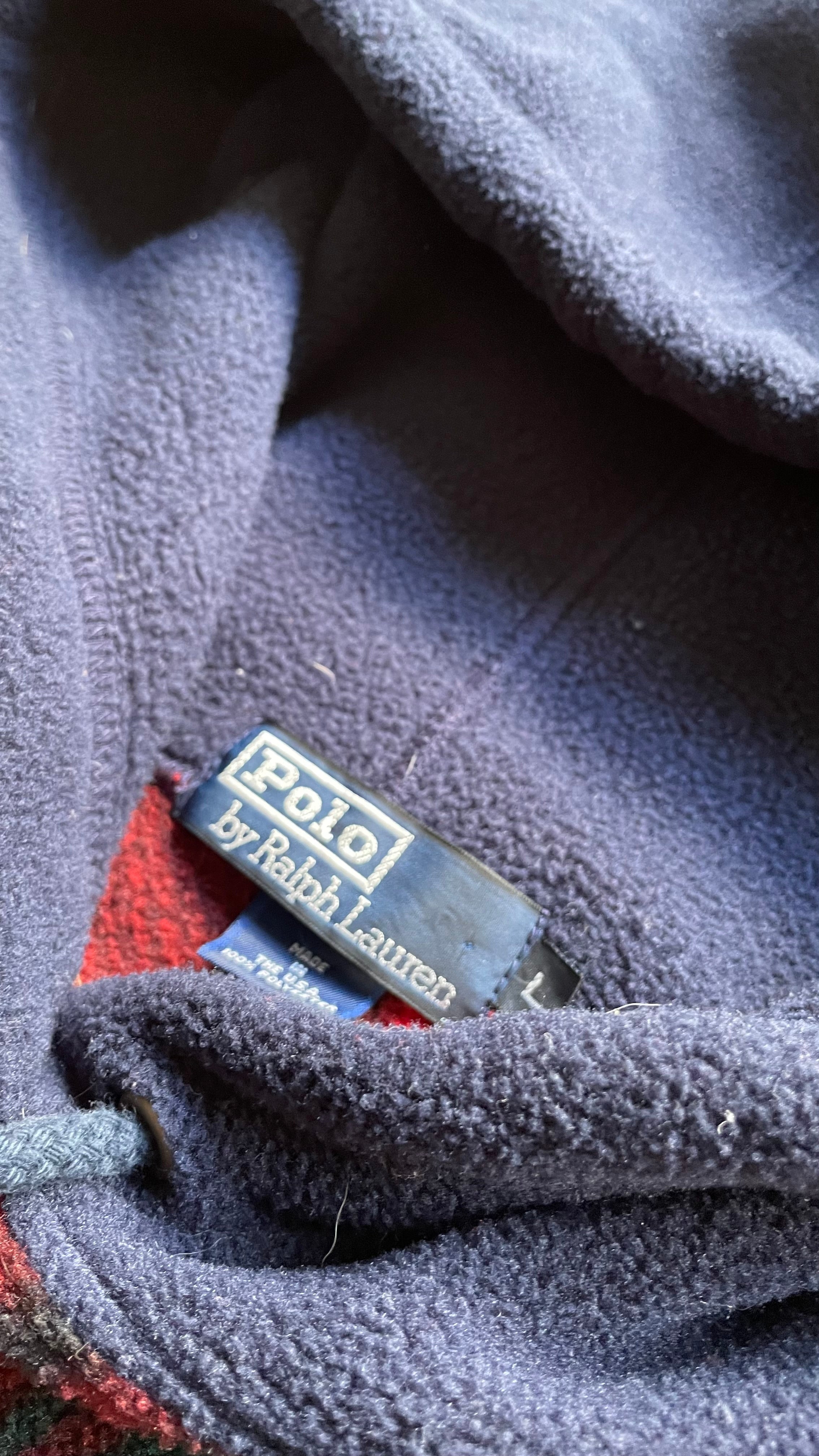 MADE IN USA 90'S CHECK FLEECE HOODIE / NAVY [SIZE: L USED]