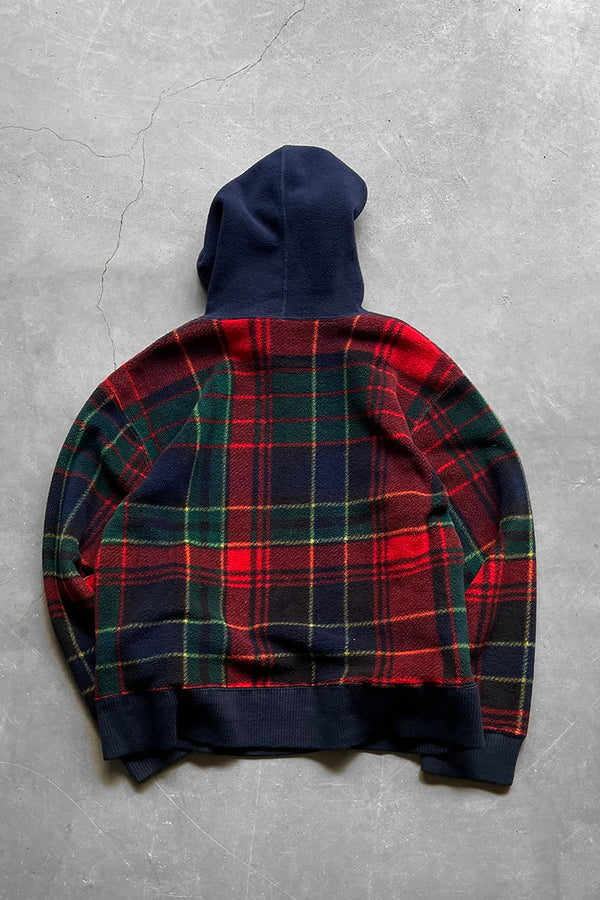 MADE IN USA 90'S CHECK FLEECE HOODIE / NAVY [SIZE: L USED]