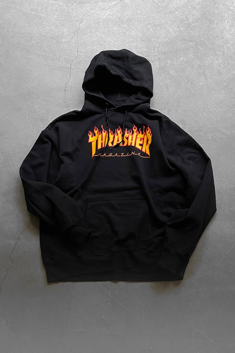 Y2K EARLY 00'S FIRE LOGO SWEAT HOODIE / BLACK [SIZE: L USED]
