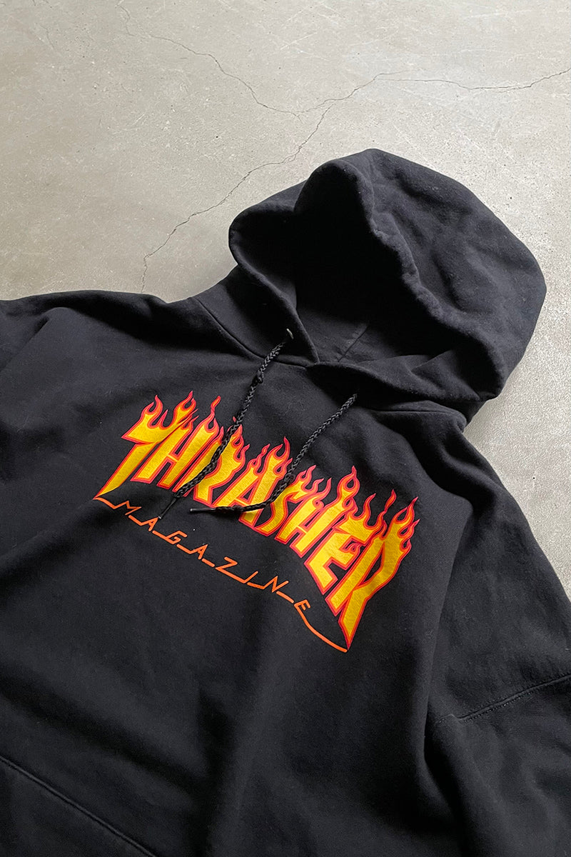 Y2K EARLY 00'S FIRE LOGO SWEAT HOODIE / BLACK [SIZE: L USED]