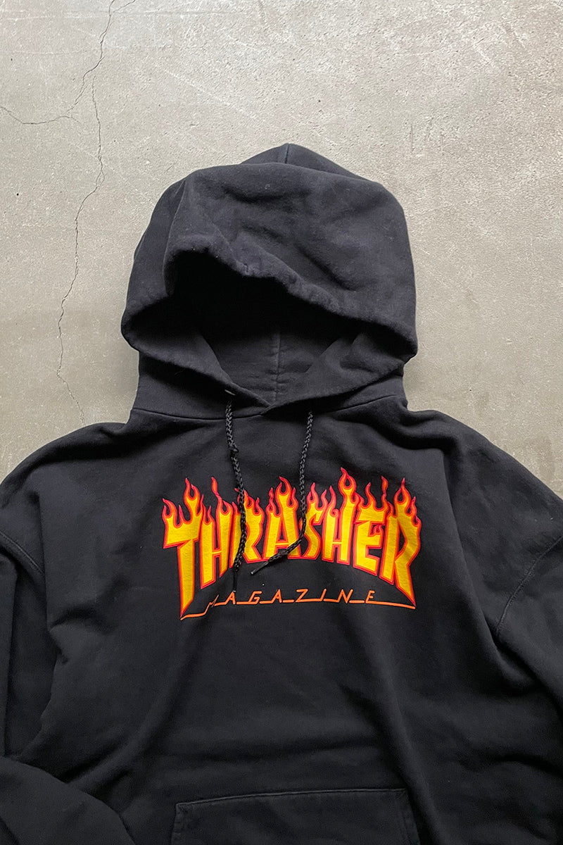 Y2K EARLY 00'S FIRE LOGO SWEAT HOODIE / BLACK [SIZE: L USED]