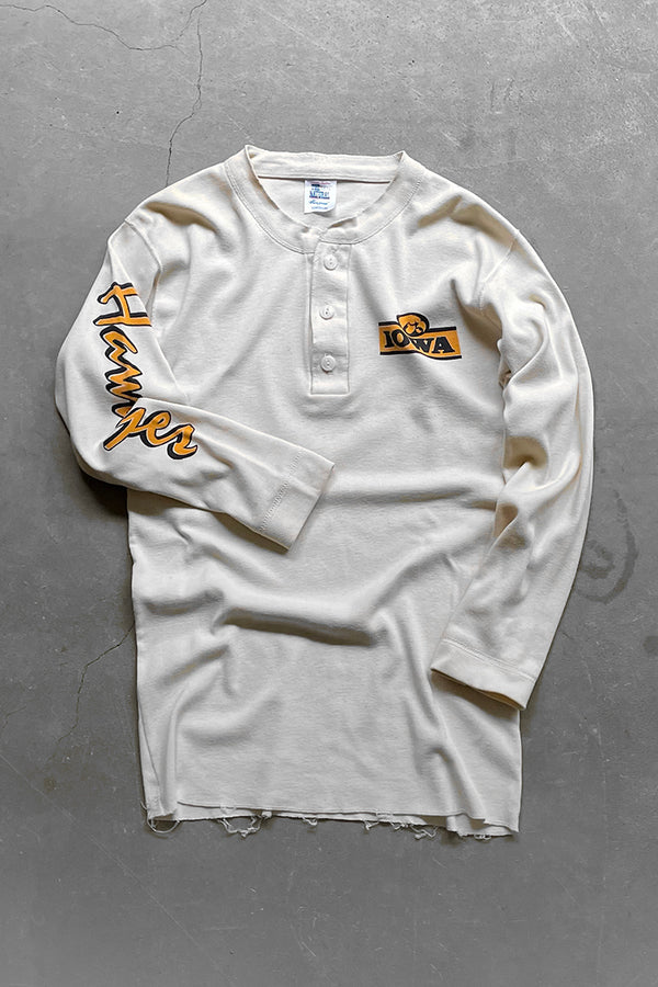 MADE IN USA 80'S L/S HENLEY NECK IOWA COLLEGE T-SHIRT / BEIGE [SIZE: M USED]