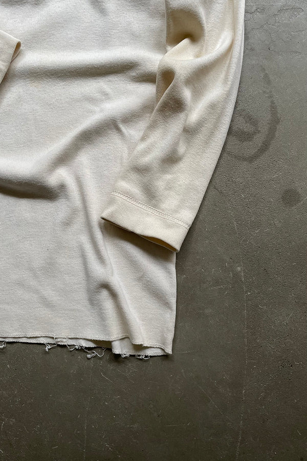 MADE IN USA 80'S L/S HENLEY NECK IOWA COLLEGE T-SHIRT / BEIGE [SIZE: M USED]