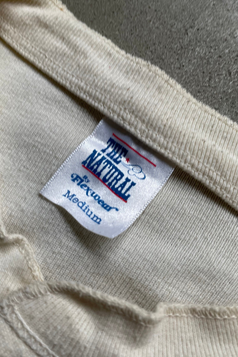 MADE IN USA 80'S L/S HENLEY NECK IOWA COLLEGE T-SHIRT / BEIGE [SIZE: M USED]