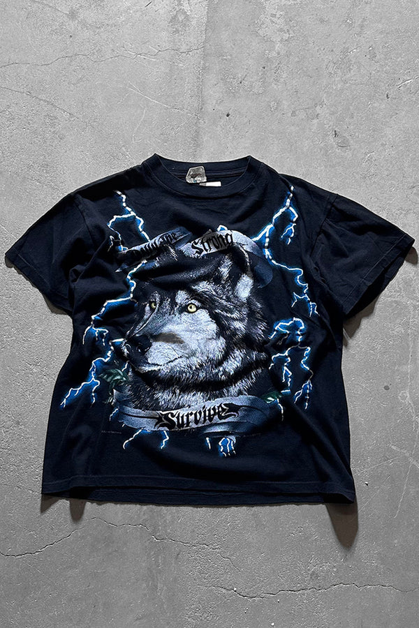 90s AMERICAN THUNDER WOLF PRINT ANIMAL T-SHIRT / BLACK [SIZE: L USED]