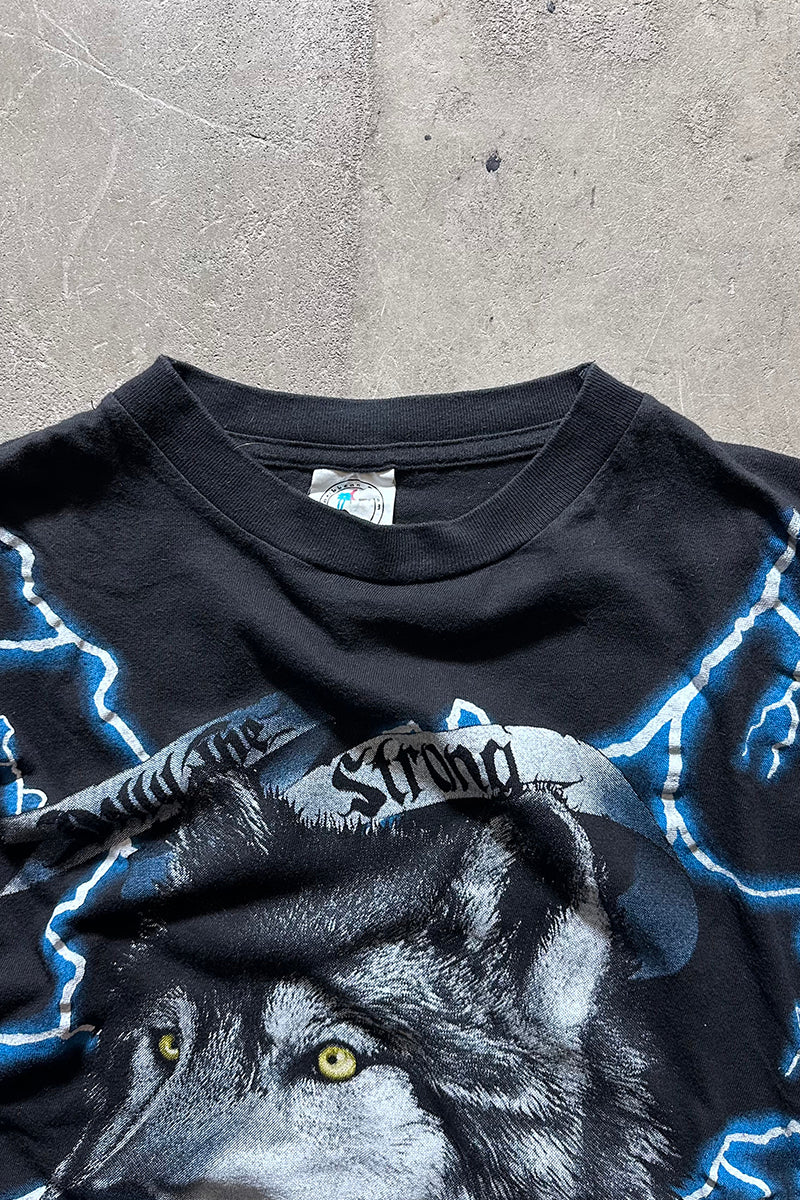90s AMERICAN THUNDER WOLF PRINT ANIMAL T-SHIRT / BLACK [SIZE: L USED]