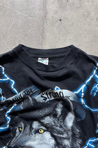90'S AMERICAN THUNDER WOLF PRINT ANIMAL T-SHIRT / BLACK [SIZE: L USED]