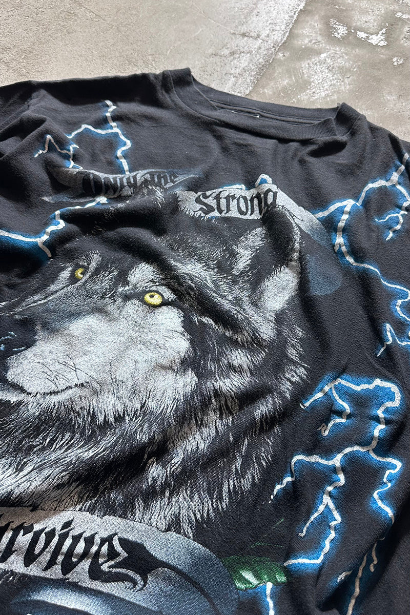 90s AMERICAN THUNDER WOLF PRINT ANIMAL T-SHIRT / BLACK [SIZE: L USED]