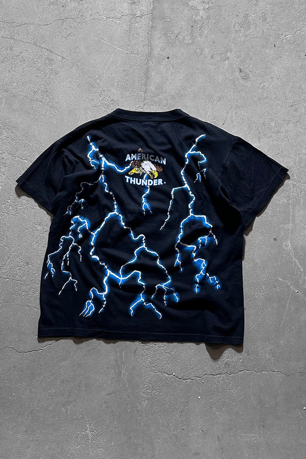 90s AMERICAN THUNDER WOLF PRINT ANIMAL T-SHIRT / BLACK [SIZE: L USED]