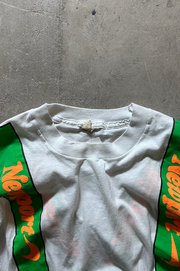 MADE IN USA 90'S NEWPORT SUSPENDER PRINT T-SHIRT / WHITE [SIZE: L USED]