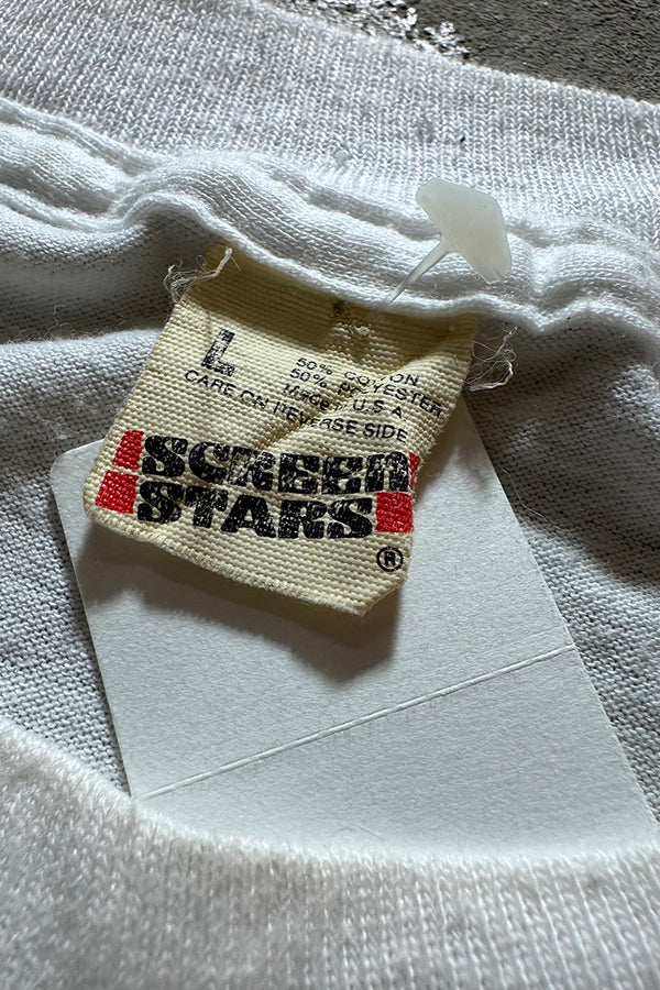MADE IN USA 90'S NEWPORT SUSPENDER PRINT T-SHIRT / WHITE [SIZE: L USED]