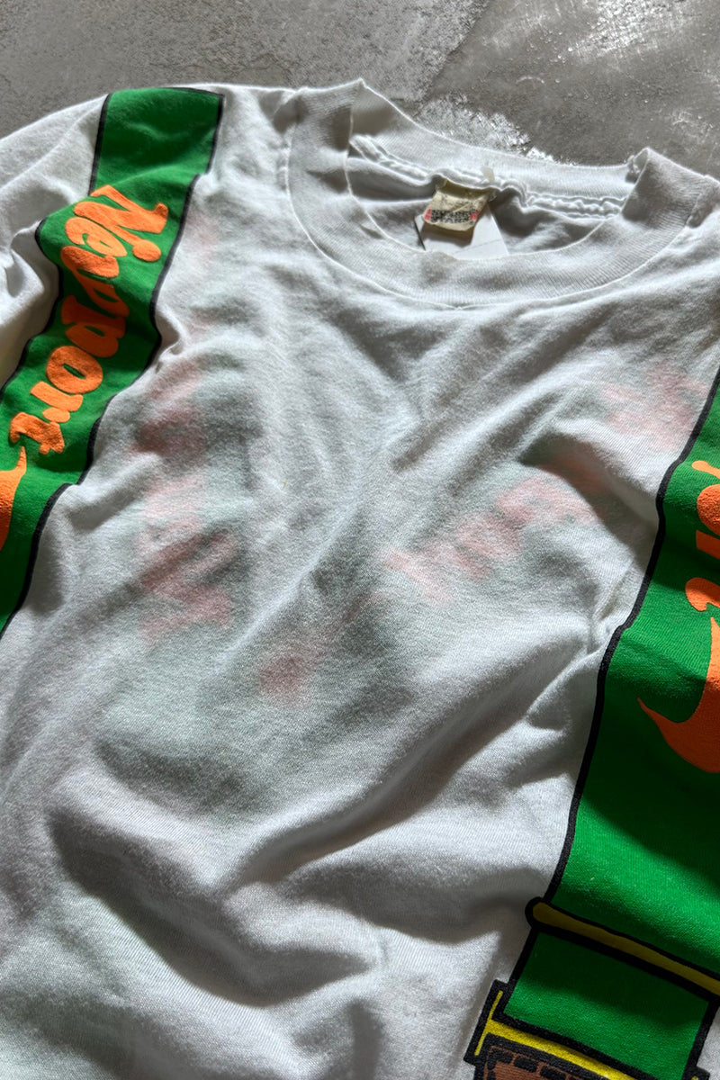 MADE IN USA 90'S NEWPORT SUSPENDER PRINT T-SHIRT / WHITE [SIZE: L USED]