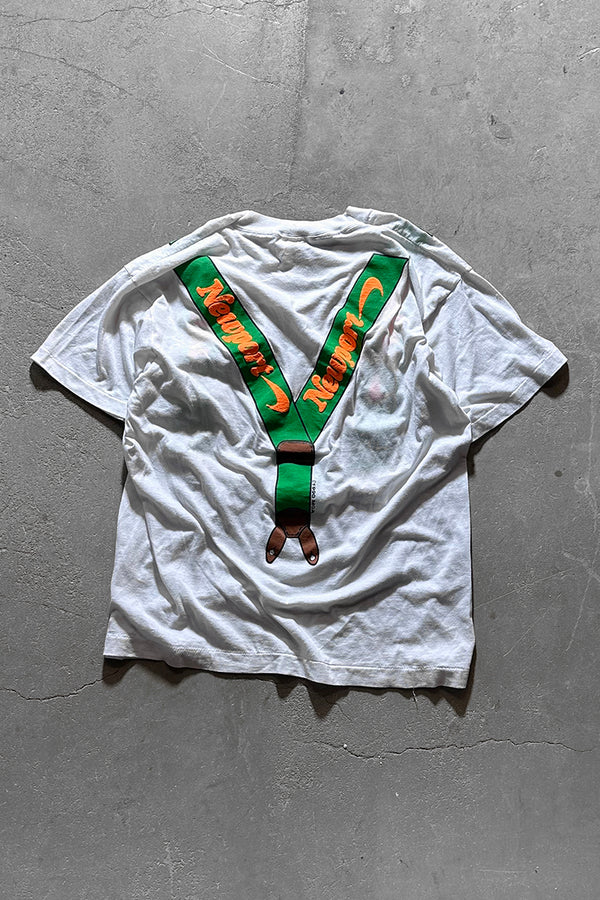 MADE IN USA 90'S NEWPORT SUSPENDER PRINT T-SHIRT / WHITE [SIZE: L USED]