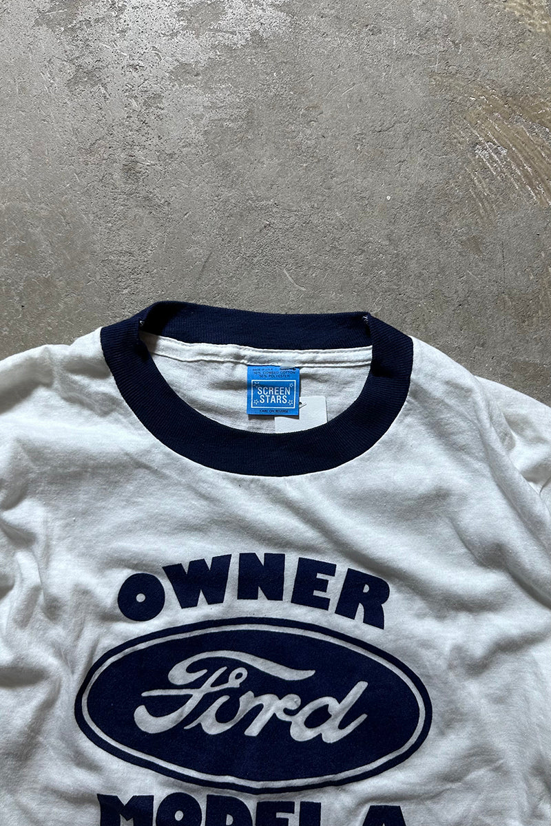 MADE IN USA 80'S FORD RINGER T-SHIRT / WHITE [SIZE: L USED]