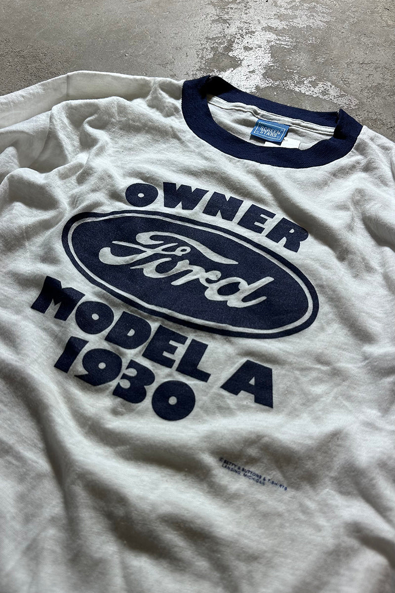 MADE IN USA 80'S FORD RINGER T-SHIRT / WHITE [SIZE: L USED]