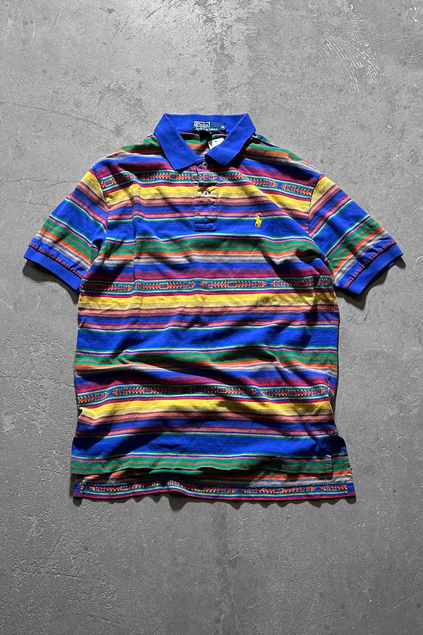 90s S/S NATIVE PATTERN POLO SHIRT / BLUE [SIZE: M USED]