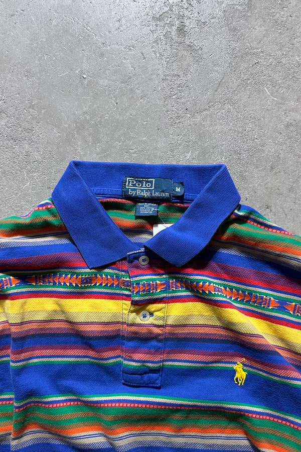 90s S/S NATIVE PATTERN POLO SHIRT / BLUE [SIZE: M USED]