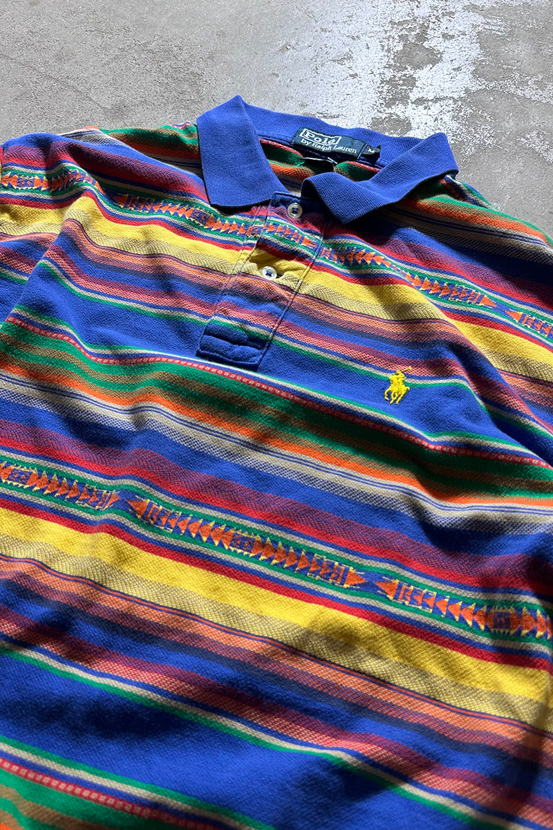 90s S/S NATIVE PATTERN POLO SHIRT / BLUE [SIZE: M USED]