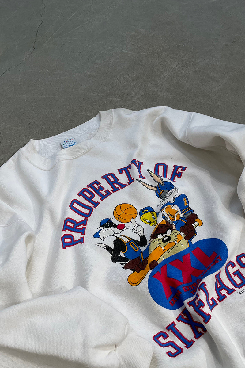 MADE IN USA 95'S LOONEY TUNES CHARACTER SWEATSHIRT / WHITE [SIZE: L USED]