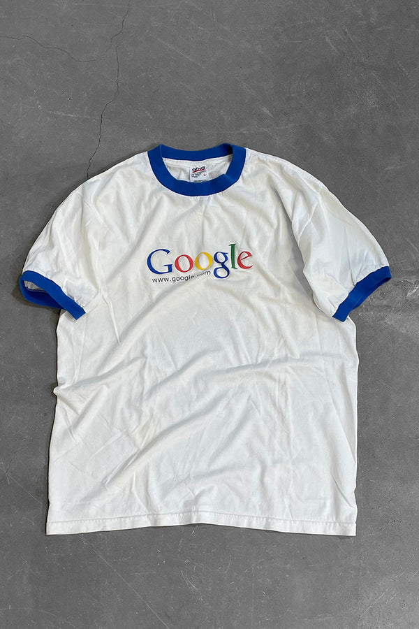 MADE IN USA Y2K EARLY 00'S COTTON GOOGLE LOGO ADVERTISING RINGER T-SHIRT / WHITE [SIZE: L USED]