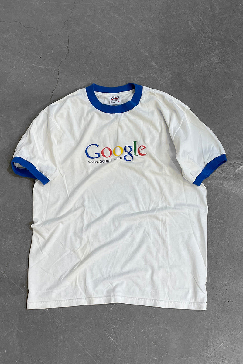 MADE IN USA Y2K EARLY 00'S COTTON GOOGLE LOGO ADVERTISING RINGER T-SHIRT / WHITE [SIZE: L USED]