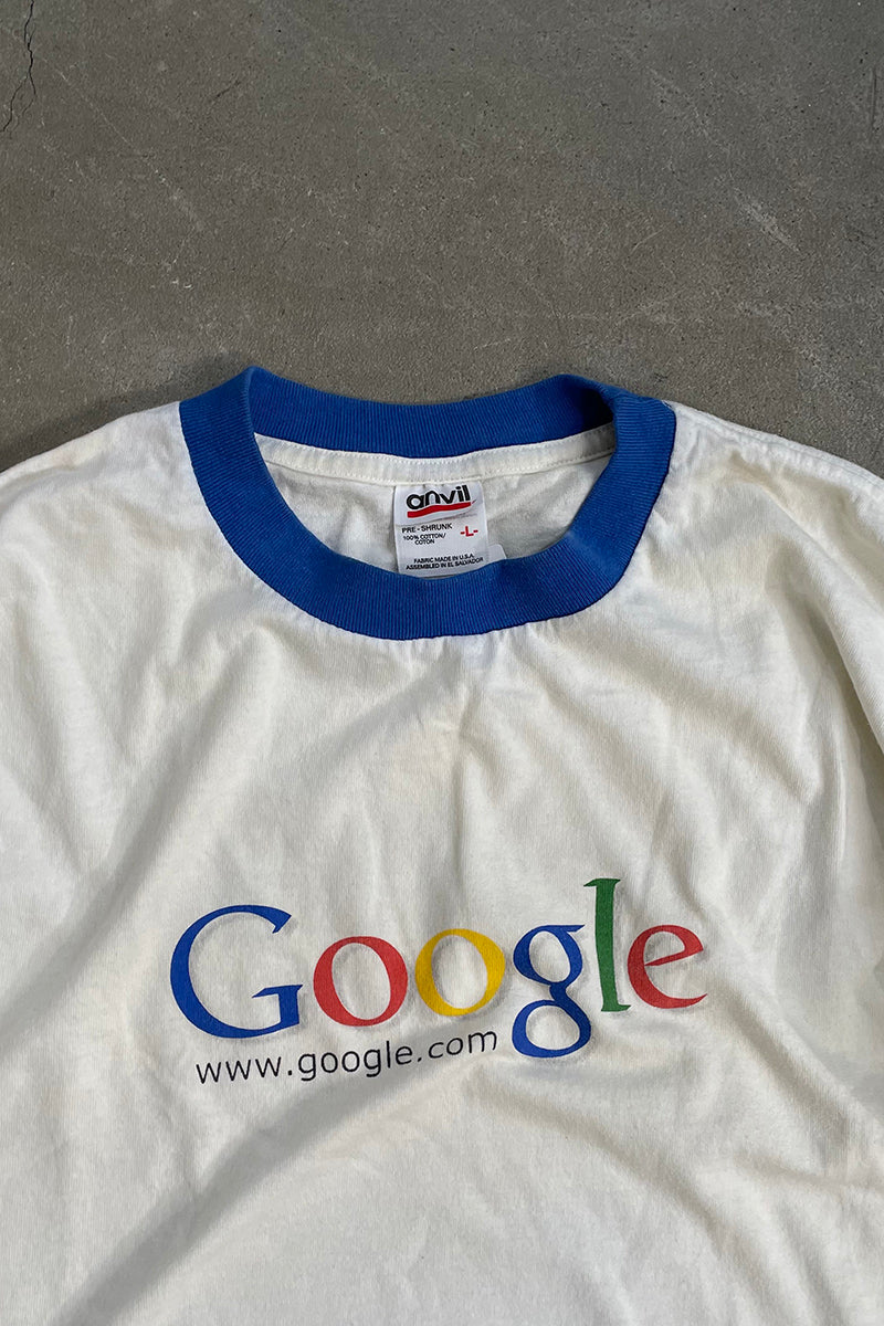 MADE IN USA Y2K EARLY 00'S COTTON GOOGLE LOGO ADVERTISING RINGER T-SHIRT / WHITE [SIZE: L USED]
