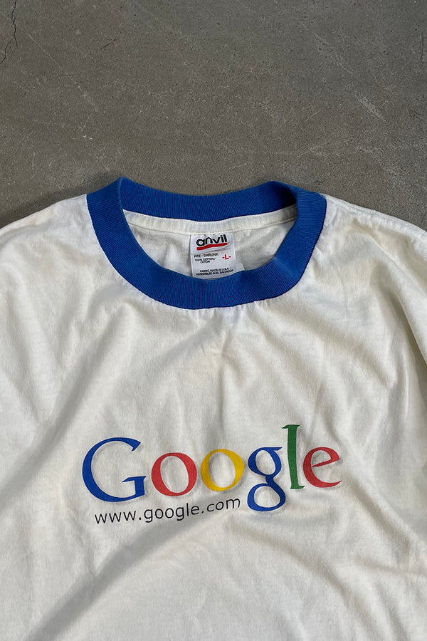 MADE IN USA Y2K EARLY 00'S COTTON GOOGLE LOGO ADVERTISING RINGER T-SHIRT / WHITE [SIZE: L USED]