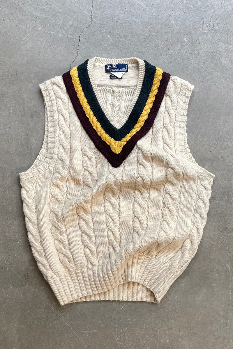 90'S WOOL HAND KNIT VEST / WHITE [SIZE: L USED]