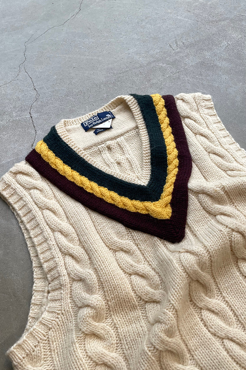 90'S WOOL HAND KNIT VEST / WHITE [SIZE: L USED]
