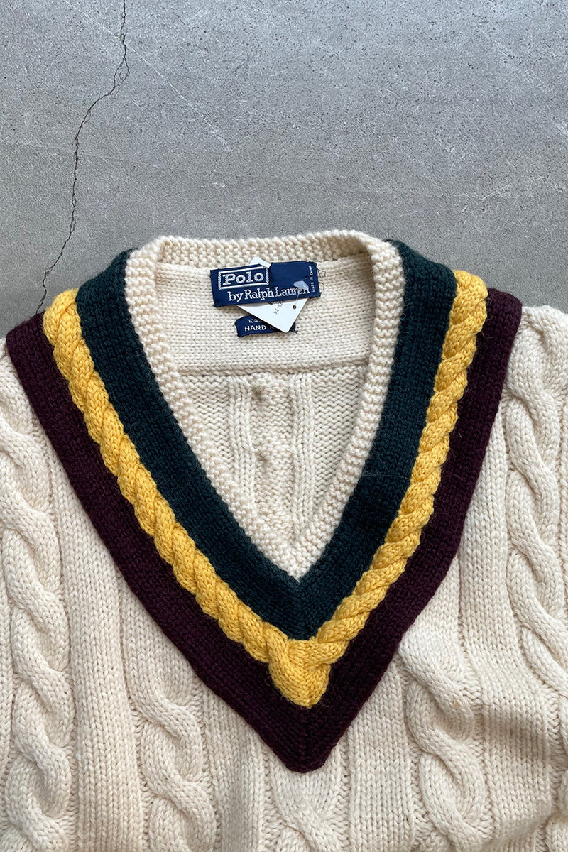 90'S WOOL HAND KNIT VEST / WHITE [SIZE: L USED]