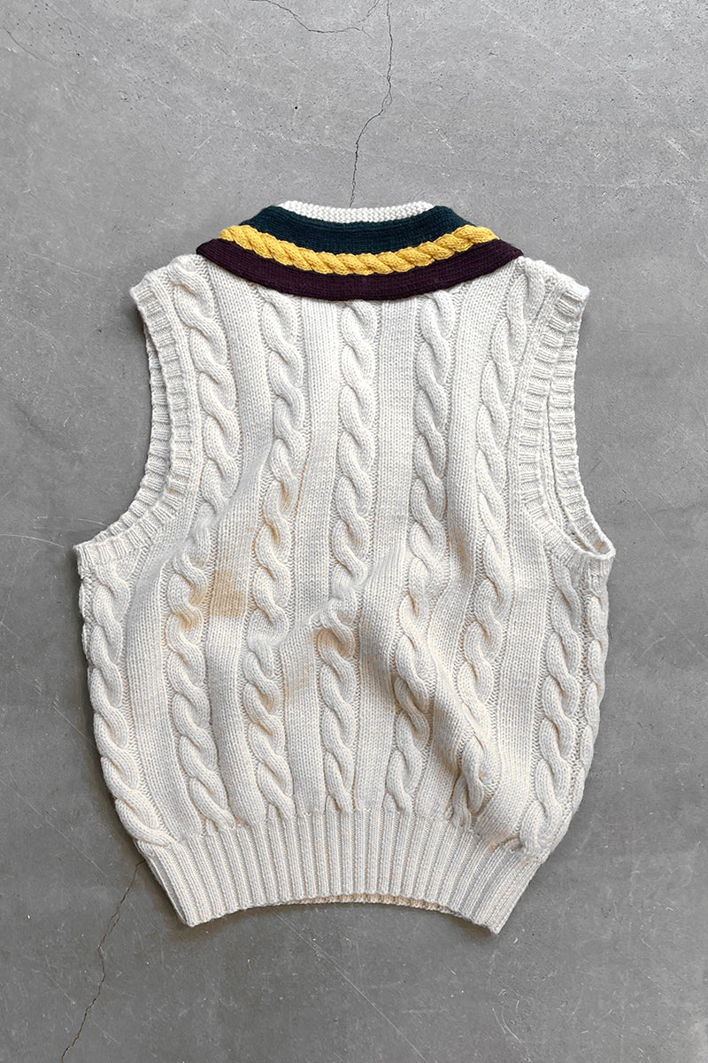 90'S WOOL HAND KNIT VEST / WHITE [SIZE: L USED]