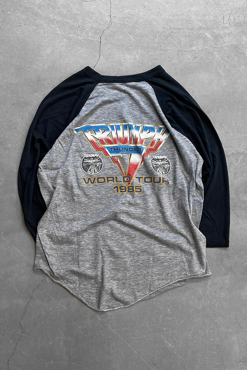 MADE IN USA 85'S THUNDER SEVEN TRIUMPH WORLD TOUR RAGLAN BAND T-SHIRT / GRAY [SIZE: XL USED]