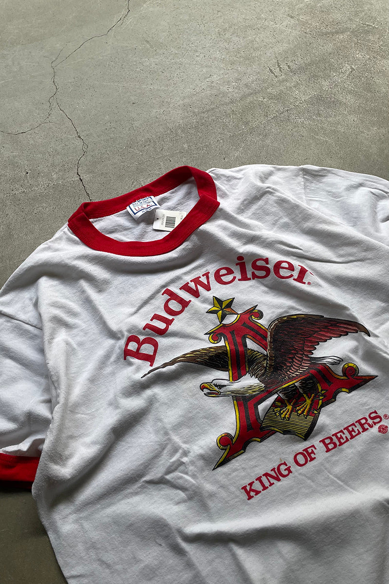 MADE IN USA 87'S BUDWEISER BICYCLE RACE RINGER T-SHIRT / WHITE [SIZE: XL USED]