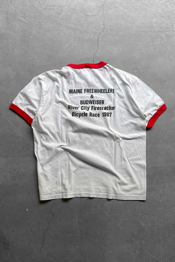 MADE IN USA 87'S BUDWEISER BICYCLE RACE RINGER T-SHIRT / WHITE [SIZE: XL USED]