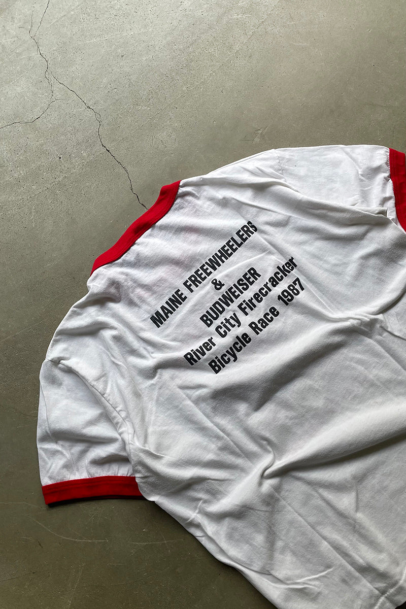 MADE IN USA 87'S BUDWEISER BICYCLE RACE RINGER T-SHIRT / WHITE [SIZE: XL USED]