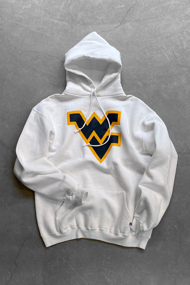 MADE IN USA 90'S WEST VIRGINIA COLLEGE LOGO SWEAT HOODIE / WHITE [SIZE: XL USED]