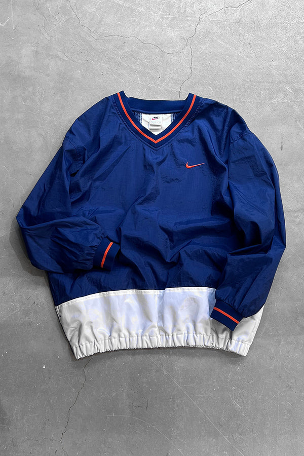 90'S V-NECK PULLOVER NYLON JACKET / NAVY [SIZE:XL USED]