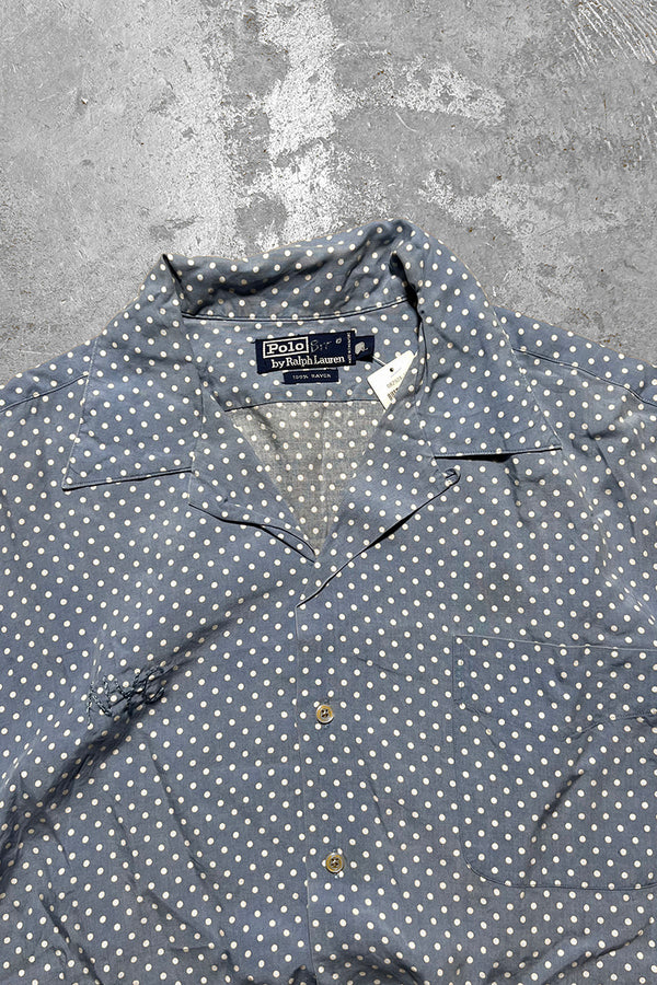 90'S S/S OPEN COLLAR RAYON DOT SHIRT / BLUE [SIZE: L USED]