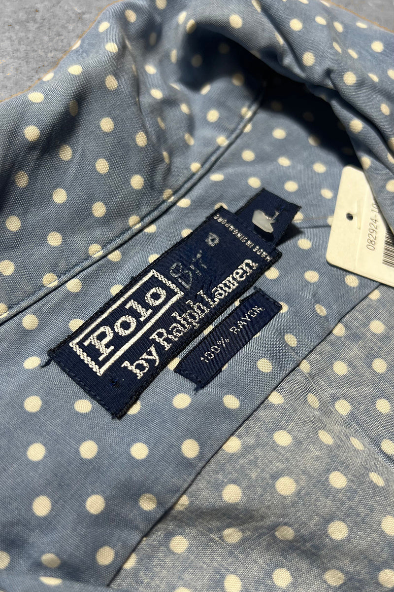 90'S S/S OPEN COLLAR RAYON DOT SHIRT / BLUE [SIZE: L USED]