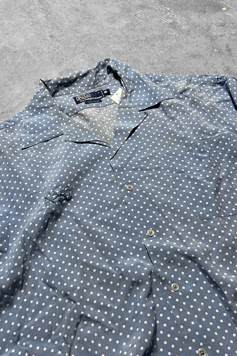 90'S S/S OPEN COLLAR RAYON DOT SHIRT / BLUE [SIZE: L USED]