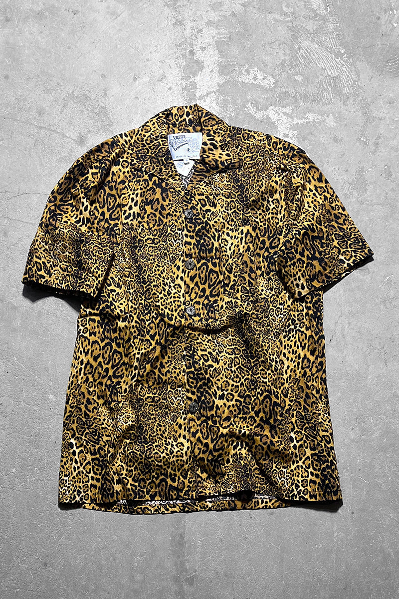 MADE IN LONDON 90'S S/S LEOPARD PATTERN OPEN COLLAR SHIRT / YELLOW[SIZE: S USED]